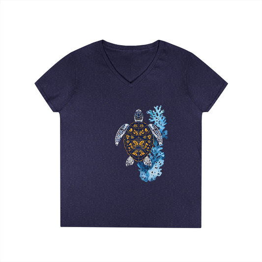 Ladies' V-Neck T-Shirt with Elegant Sea Turtle Design - Perfect for Ocean Lovers