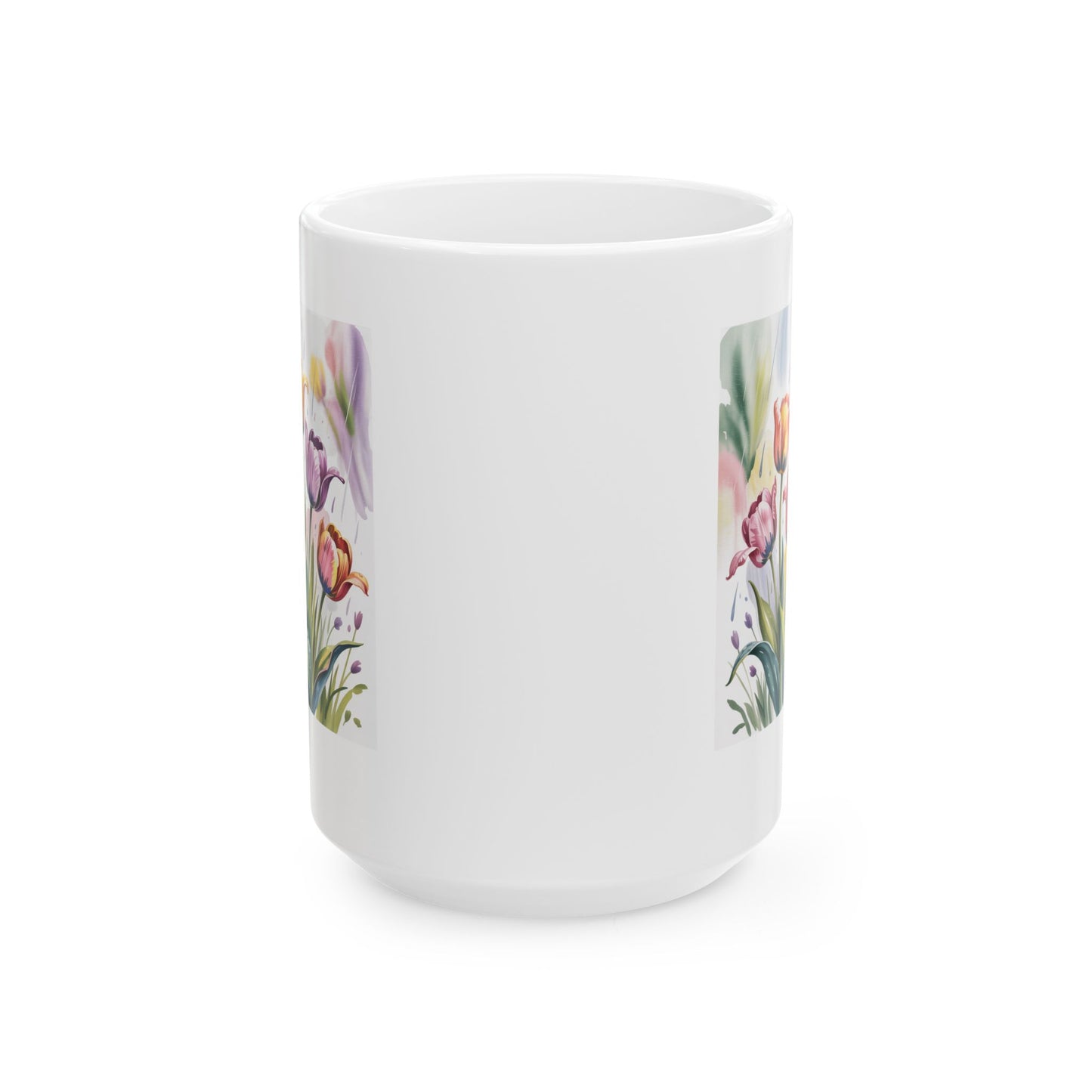 Floral Coffee Mug with Watercolor Tulip Design, Painterly Flower Artwork, 15 oz White Ceramic Mug for Home or Office Use — by Lair Gadgets
