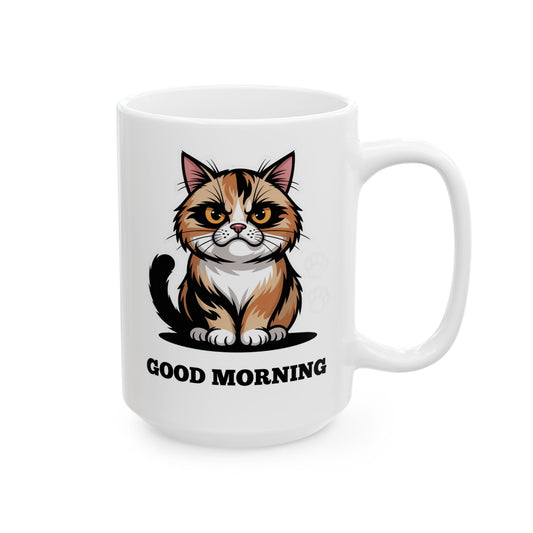 Funny Cat Coffee Mug – Serious Cat Mug for Morning Coffee and Cat Owners – “GOOD MORNING” Design by Lair Gadgets