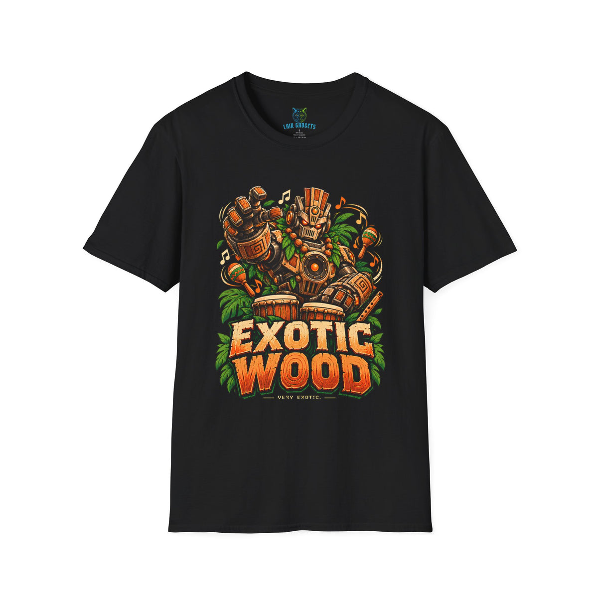 Black retro gaming t-shirt with tiki robot playing bongo drums and Exotic Wood graphic