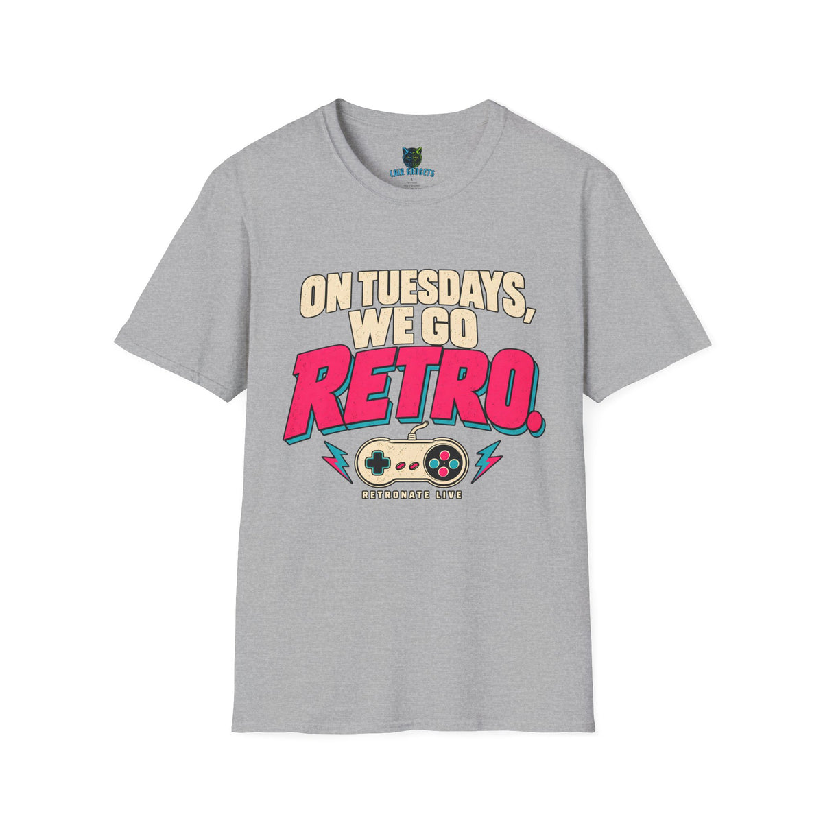 Sport grey t-shirt with On Tuesdays We Go Retro RetroNate game controller graphic