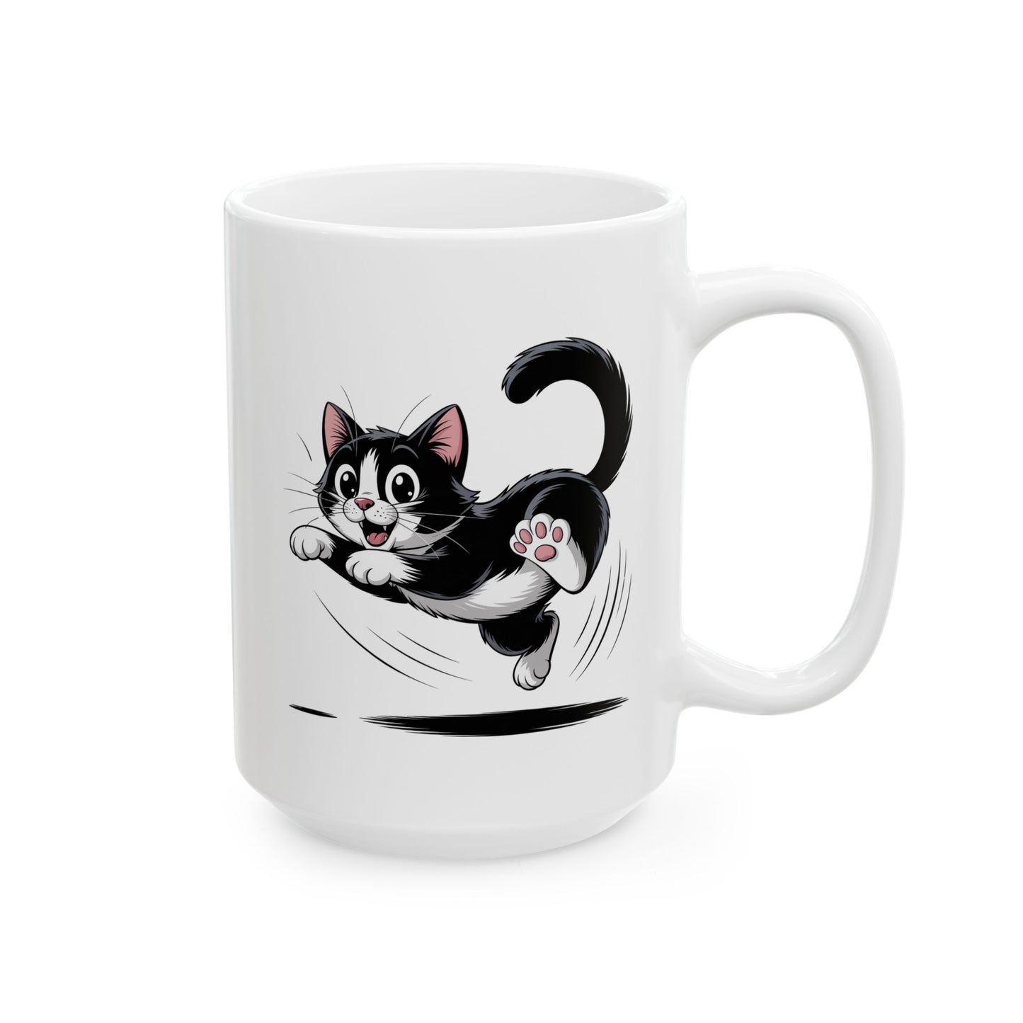 Cute Cat Coffee Mug  Ceramic – Playful Jumping Tuxedo Kitten Design – Cat Lover Gift – by Lair Gadgets