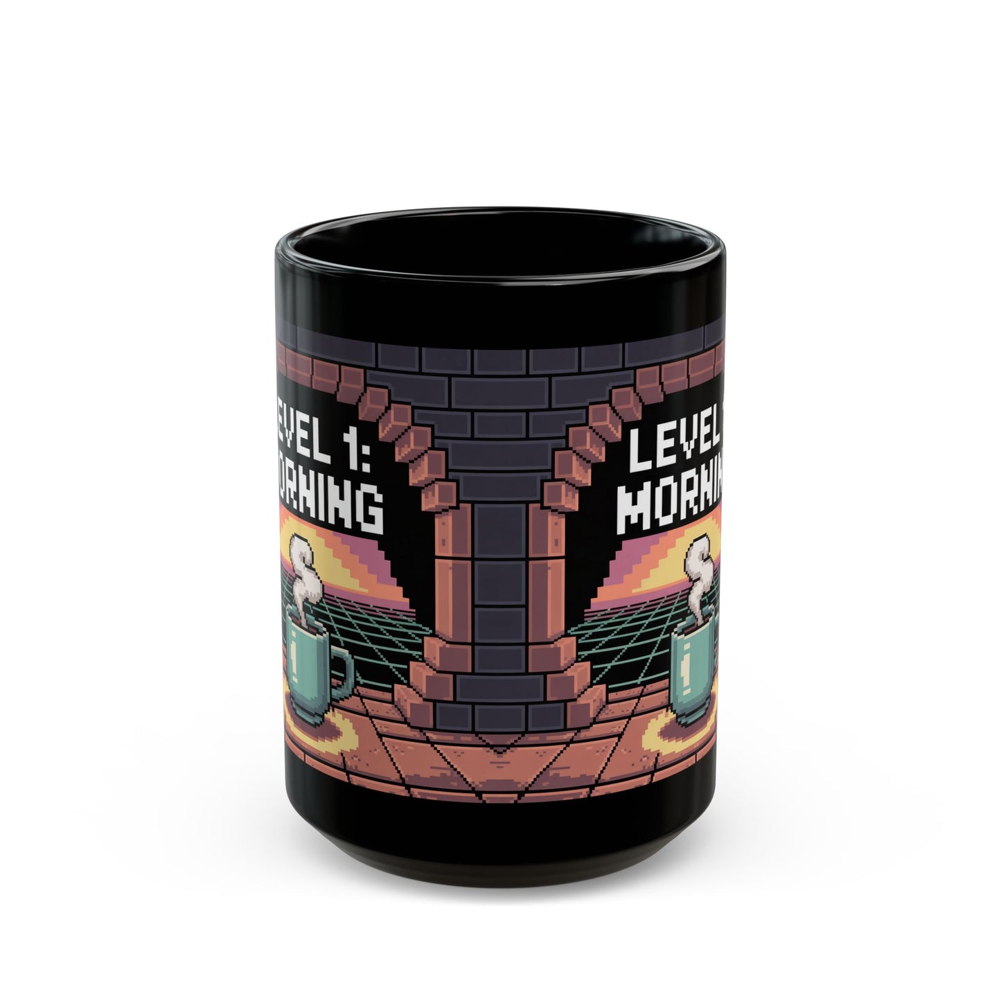 Retro Gamer Coffee Mug – Level 1 Morning Pixel Art Design – Black Ceramic – Funny Video Game Gift- B0GR2P8VNW