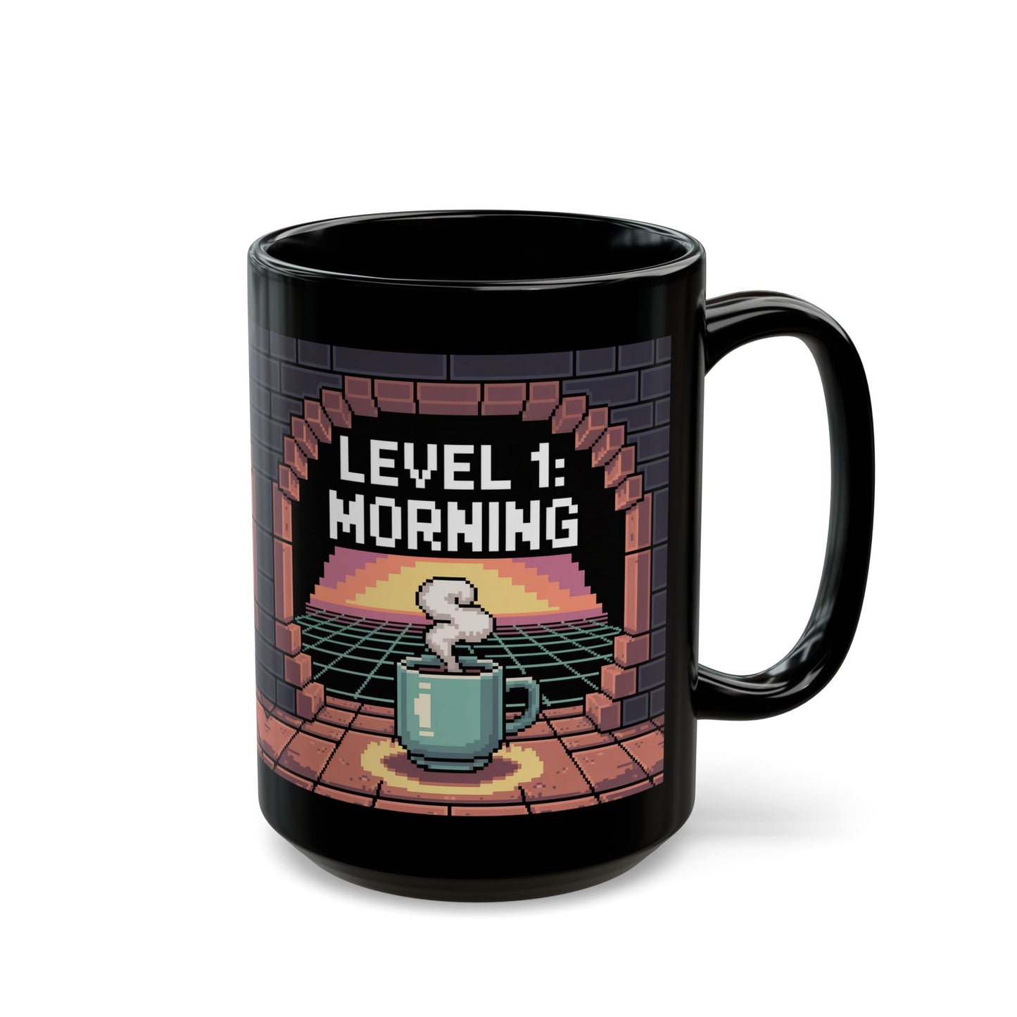 Retro Gamer Coffee Mug – Level 1 Morning Pixel Art Design – Black Ceramic – Funny Video Game Gift- B0GR2P8VNW