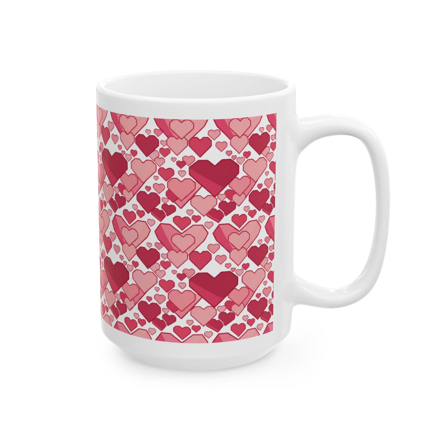 Valentine Coffee Mug with Pink and Red Heart Pattern, 15 oz White Ceramic Coffee Mug, Classic All-Over Heart Design Gift Mug — Sweetheart Hearts
