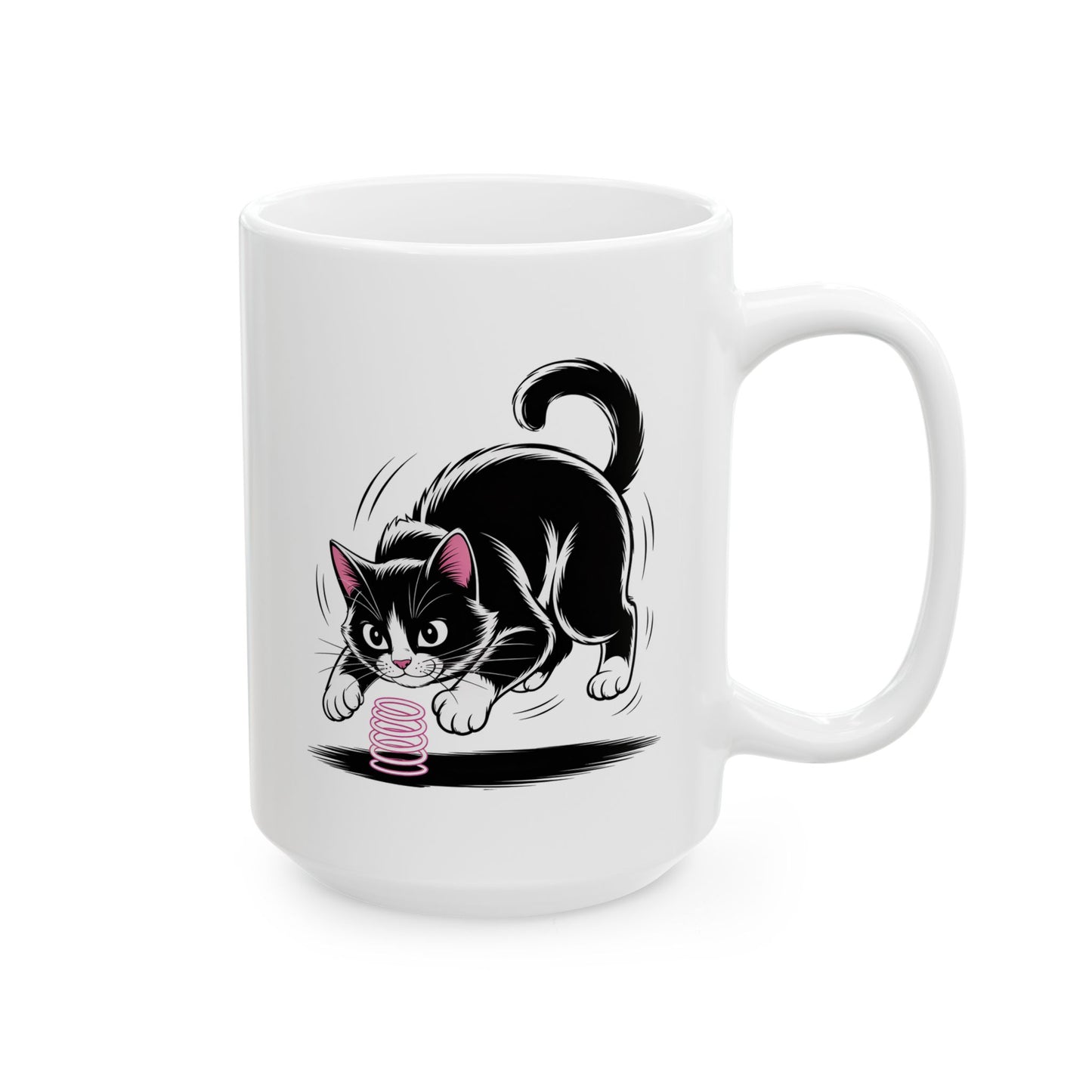 Cute Cat Coffee Mug Ceramic – Playful Tuxedo Kitten with Spring Toy Design – Cat Lover Gift