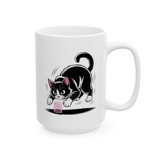 Cute Cat Coffee Mug Ceramic – Playful Tuxedo Kitten with Spring Toy Design – Cat Lover Gift