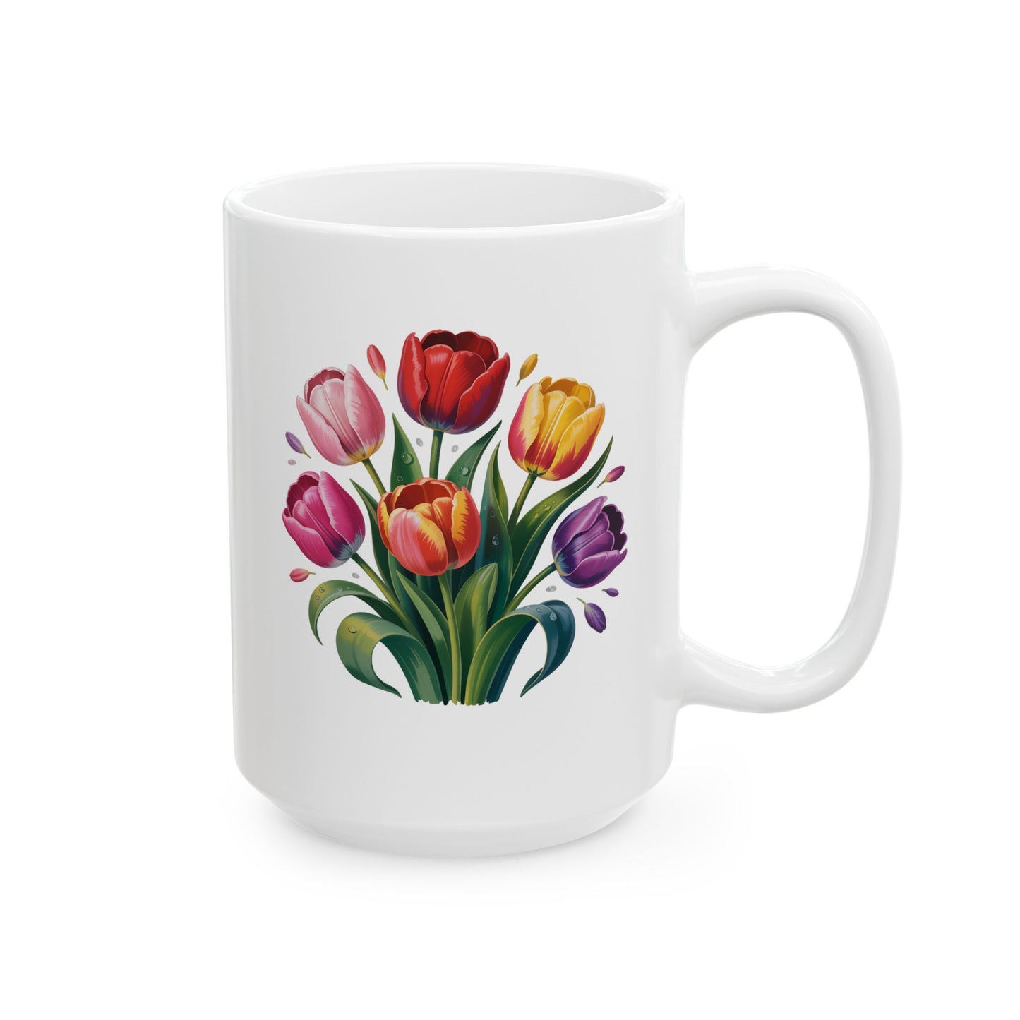 Floral Coffee Mug with Tulip Bouquet Design, Colorful Flower Artwork, 15 oz White Ceramic Mug for Home or Office Use — by Lair Gadgets