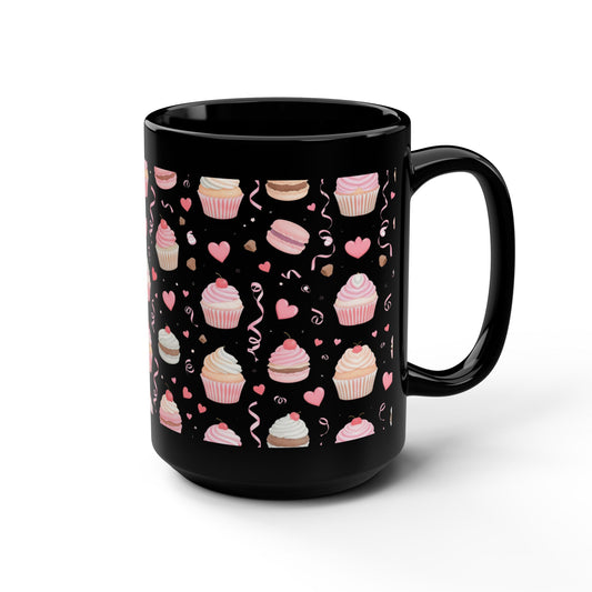 Cupcake Pattern Black Mug, 15oz — Score 79
