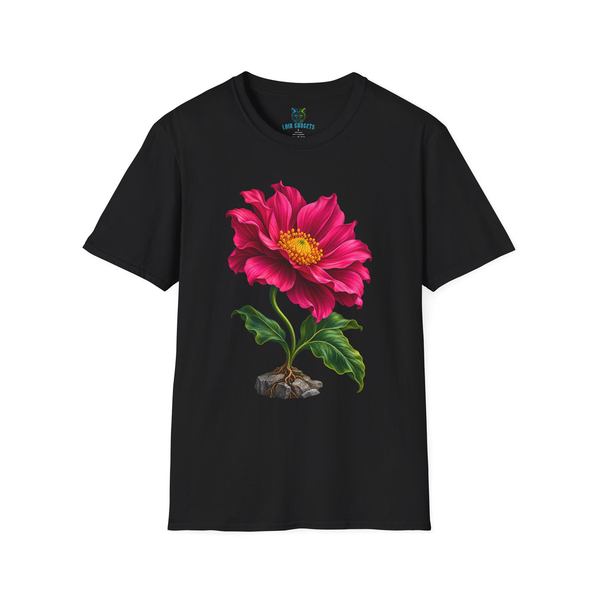 Black t-shirt with pink flower growing from stone graphic
