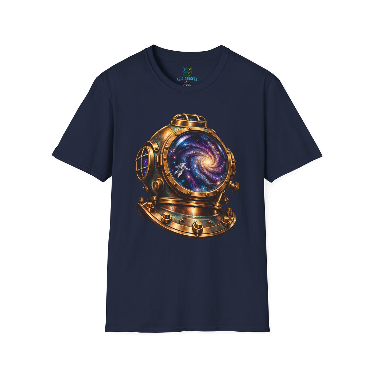 Navy t-shirt with steampunk galaxy diving helmet graphic