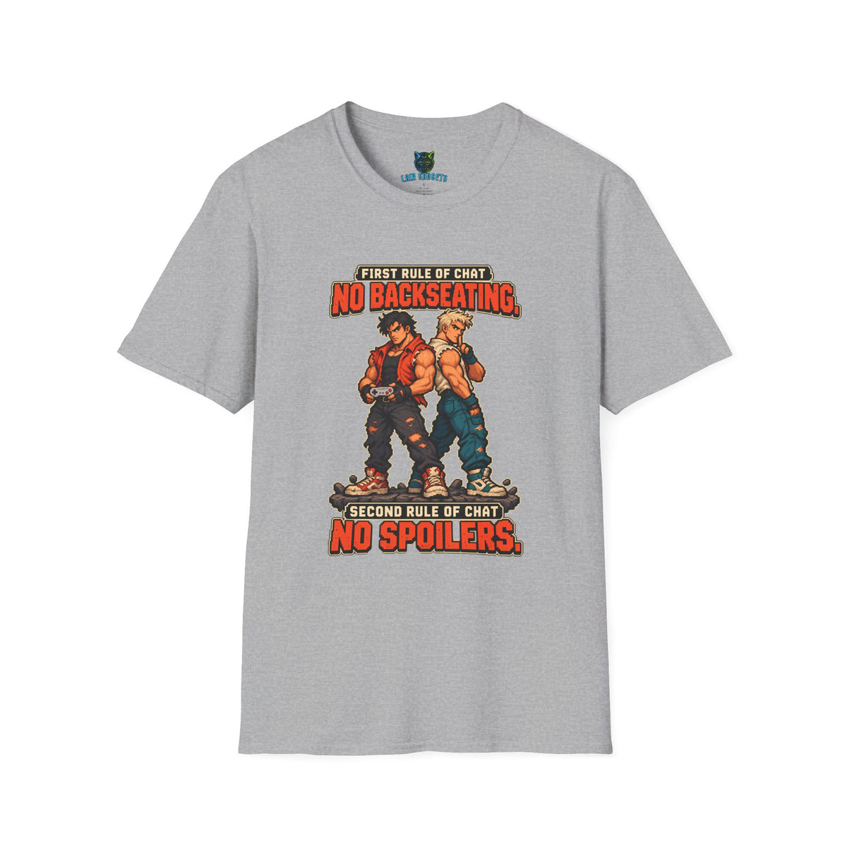 Sport grey t-shirt with First Rule of Chat No Backseating No Spoilers pixel art brawlers graphic