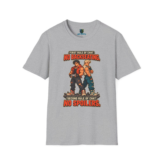 Sport grey t-shirt with First Rule of Chat No Backseating No Spoilers pixel art brawlers graphic