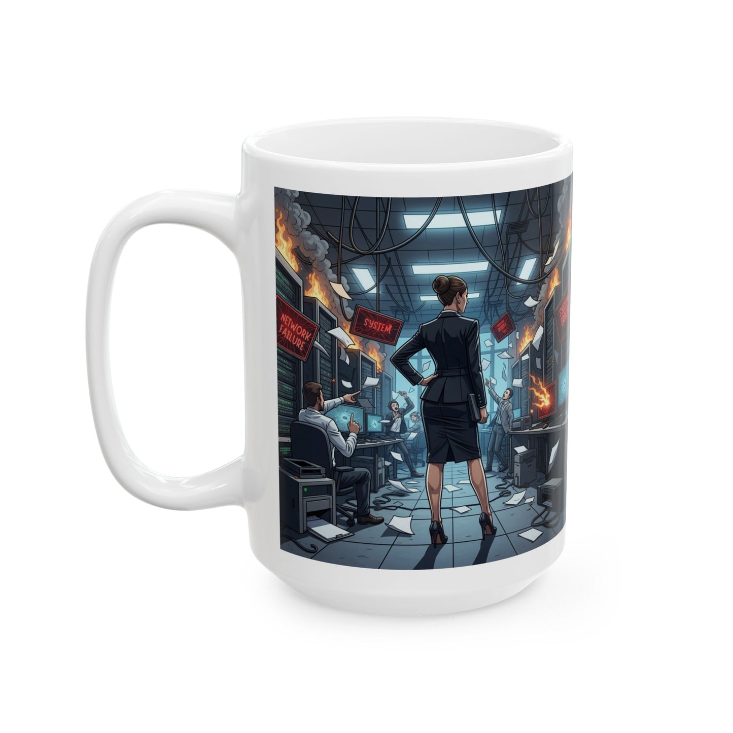 Calm Under Pressure Ceramic Mug — Female Executive in Control Room (15oz)