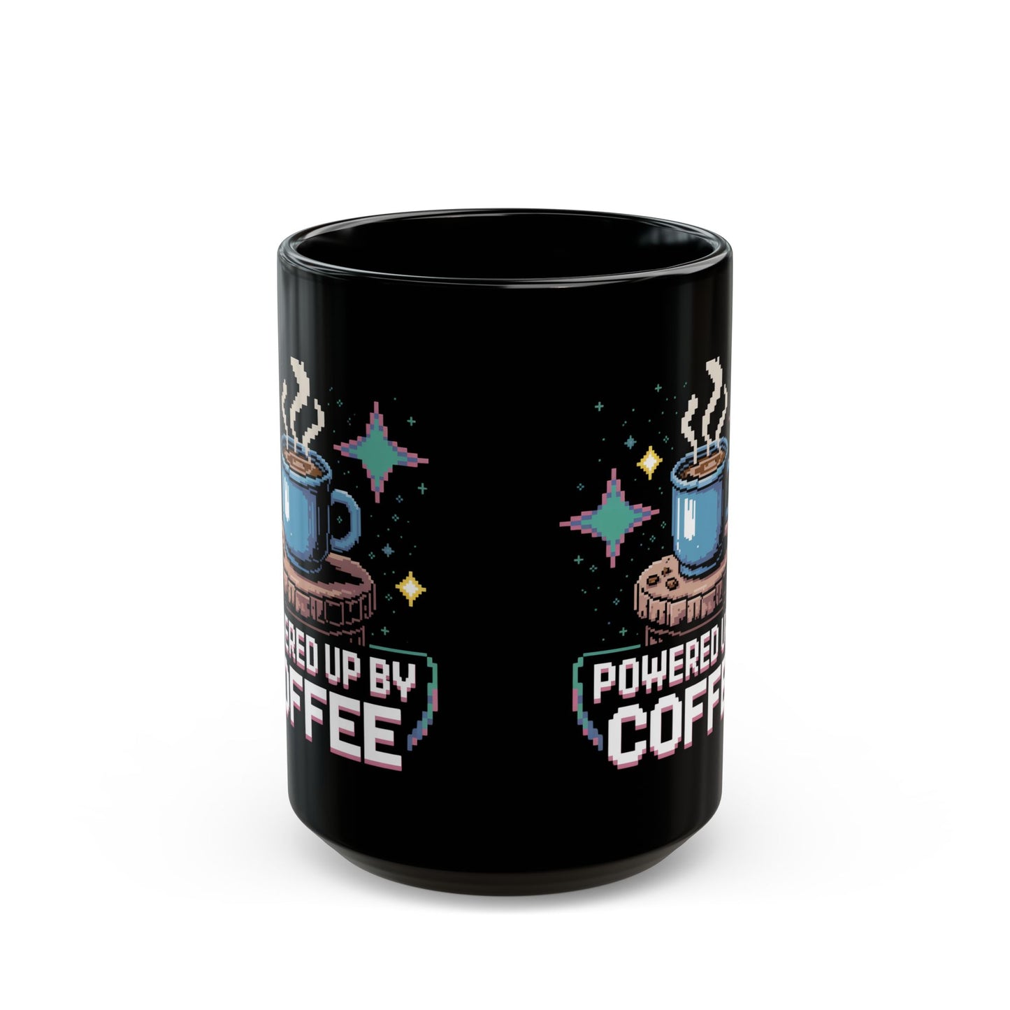 Coffee Lover's Black Mug, Powered Up by Coffee, Gift for Coffee Enthusiasts, Cozy Vibes, Fun Home Office Decor, Birthday Gift