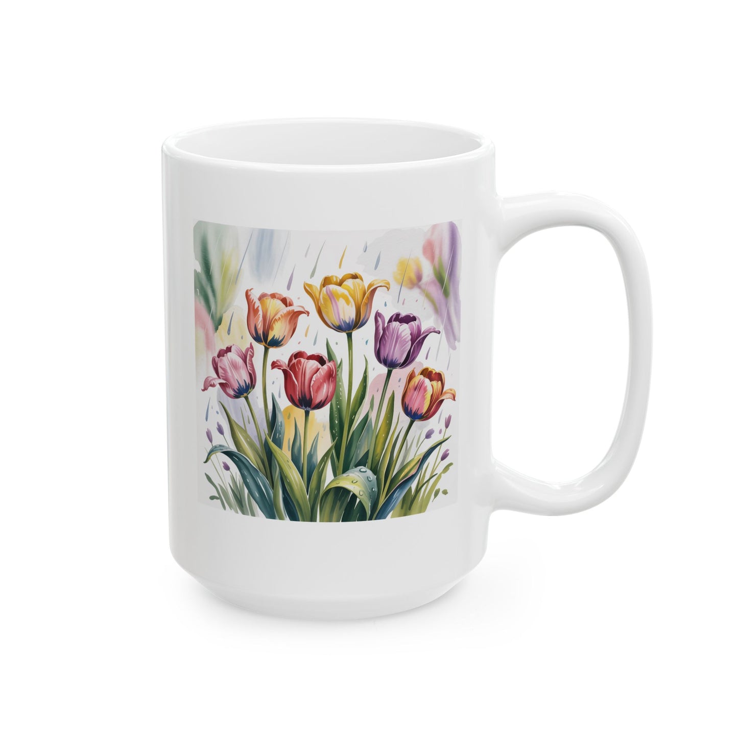 Floral Coffee Mug with Watercolor Tulip Design, Painterly Flower Artwork, 15 oz White Ceramic Mug for Home or Office Use — by Lair Gadgets