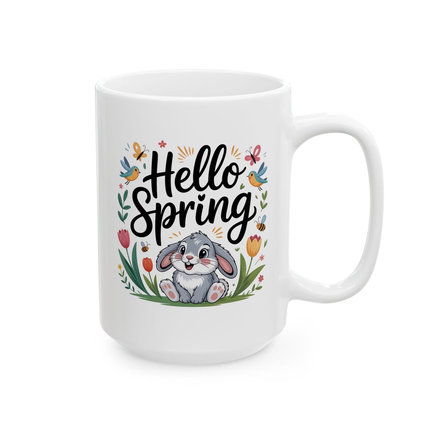 Spring Coffee Mug with Bunny and Butterflies Design, White Ceramic 15 oz Mug, Easter and Seasonal Drinkware- B0GKBR6LHZ