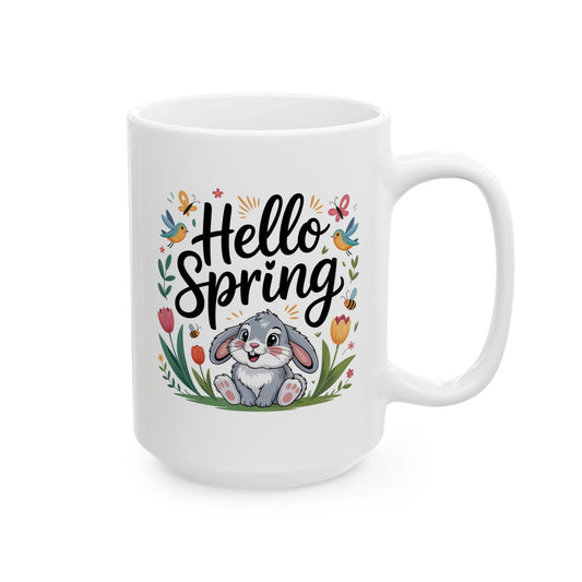 Spring Coffee Mug with Bunny and Butterflies Design, White Ceramic 15 oz Mug, Easter and Seasonal Drinkware- B0GKBR6LHZ