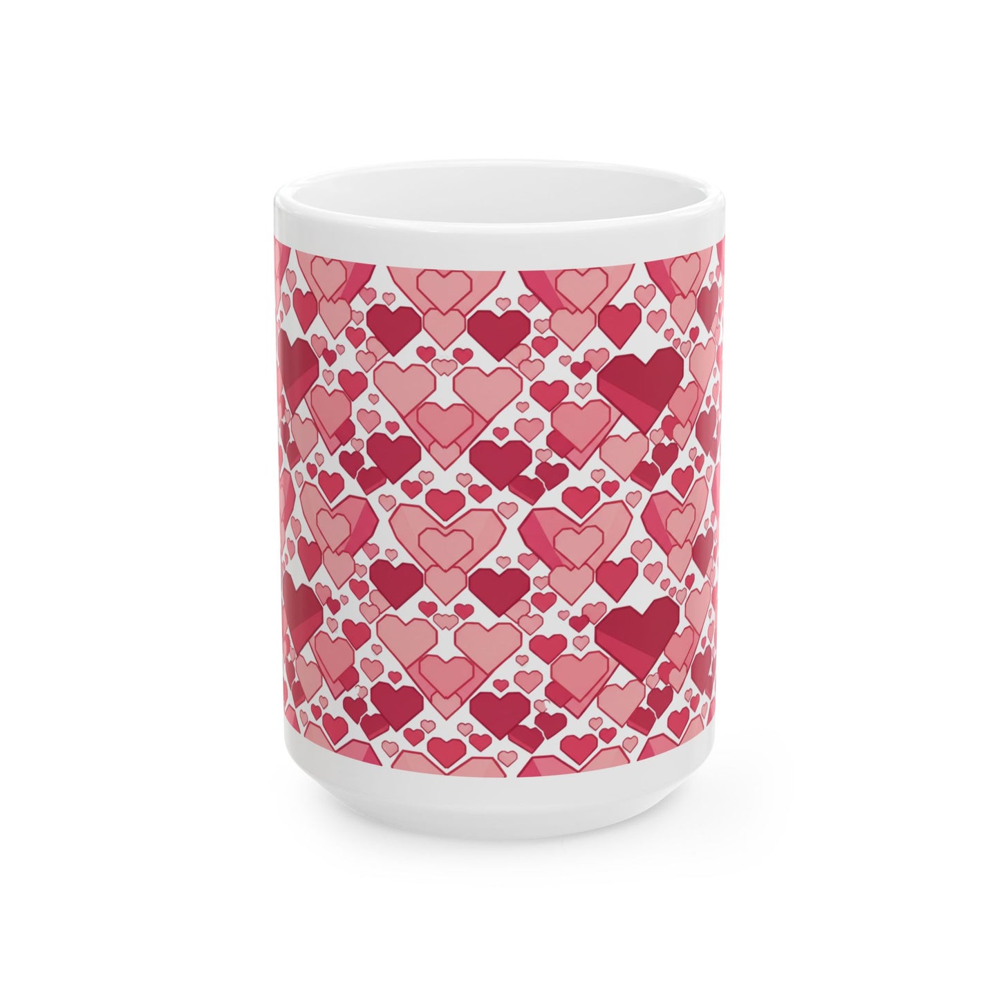 Valentine Coffee Mug with Pink and Red Heart Pattern, 15 oz White Ceramic Coffee Mug, Classic All-Over Heart Design Gift Mug — Sweetheart Hearts