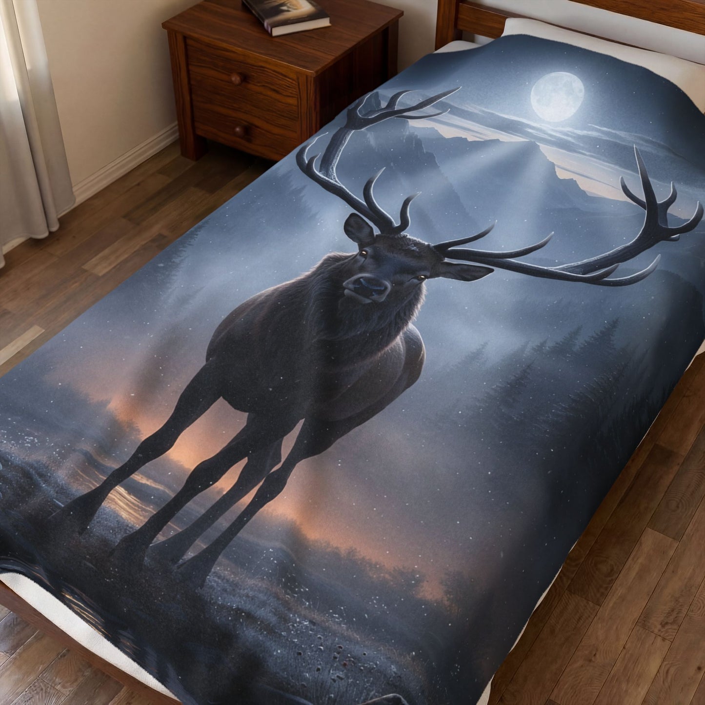 Deer Throw Blanket for Cabin Decor – Moonlit Stag Velveteen Plush Blanket – Rustic Woodland Wildlife Couch Blanket 60x80 – by Lair Gadgets