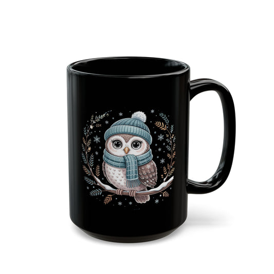 Winter Wisdom Owl Mug by Lair Gadgets – 15 oz Black Ceramic Coffee Cup with Cozy Snowy Owl and Scarf Design