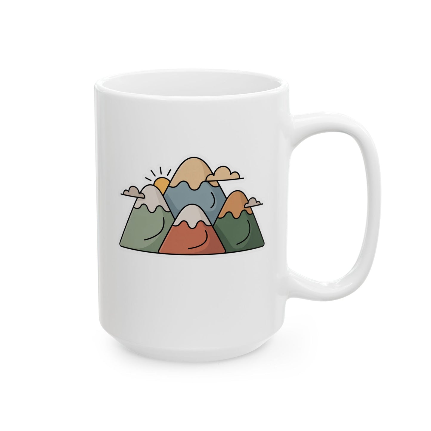 Mountain Coffee Mug with Minimalist Illustration Design, Simple Outdoor Artwork, 15 oz White Ceramic Mug for Home or Office Use — by Lair Gadgets