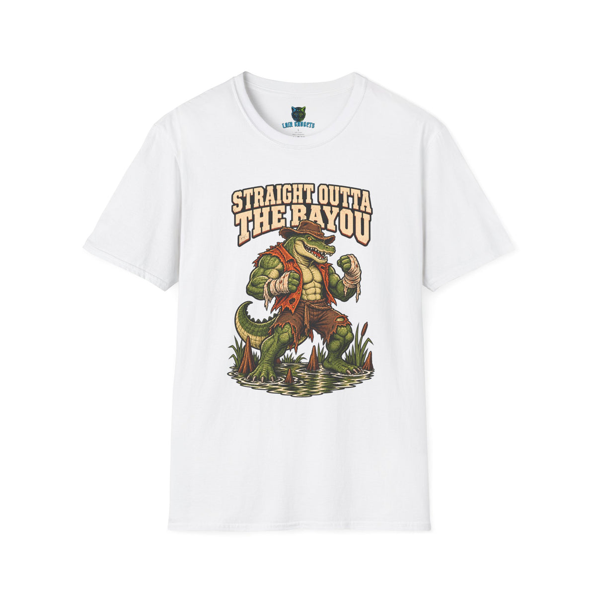 White t-shirt with Straight Outta The Bayou brawler alligator graphic