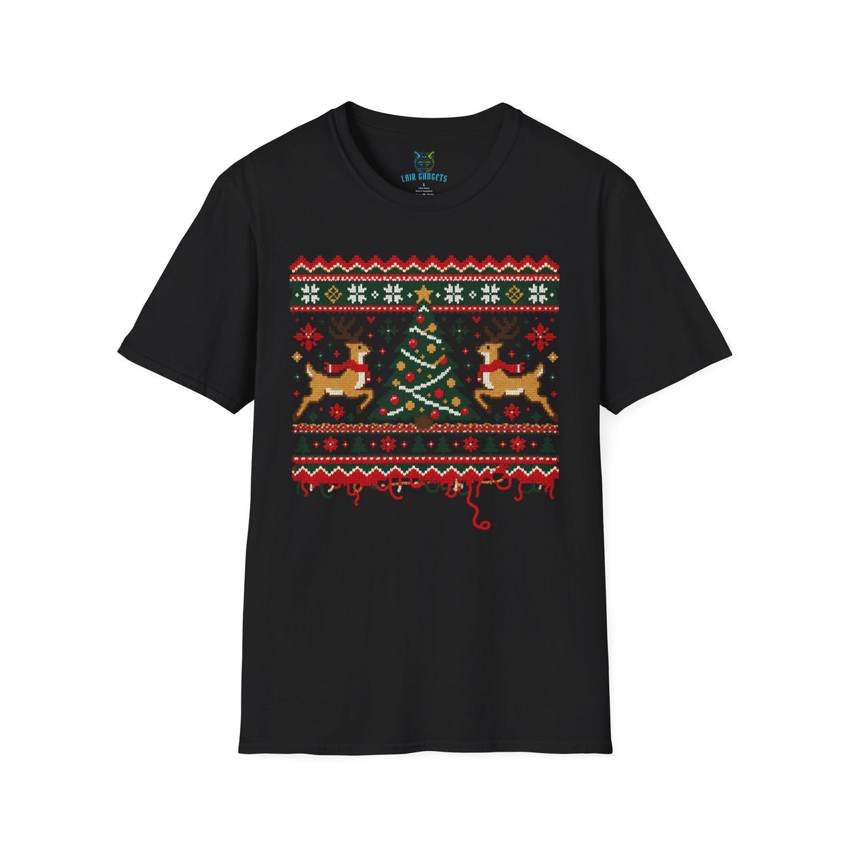Ugly Christmas sweater tee in Black with knit-pattern reindeer, Christmas tree and unraveling hem