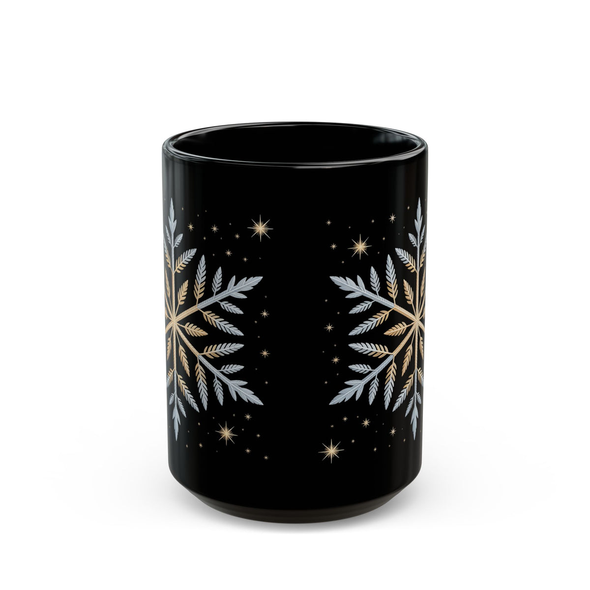Gold and Silver Snowflake Coffee Mug – 15oz Black Ceramic