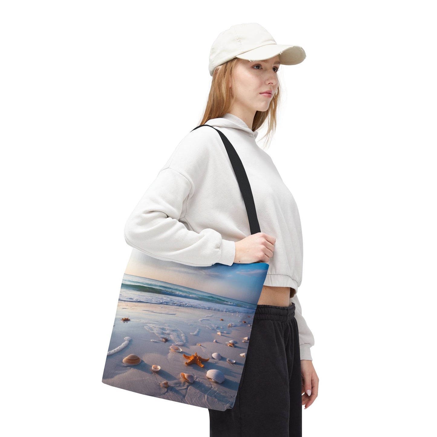 Seaside Serenity Tote Bag by Lair Gadgets – 16x16 Coastal Beach Scene with Shells and Starfish, Ocean Wave Print Carryall