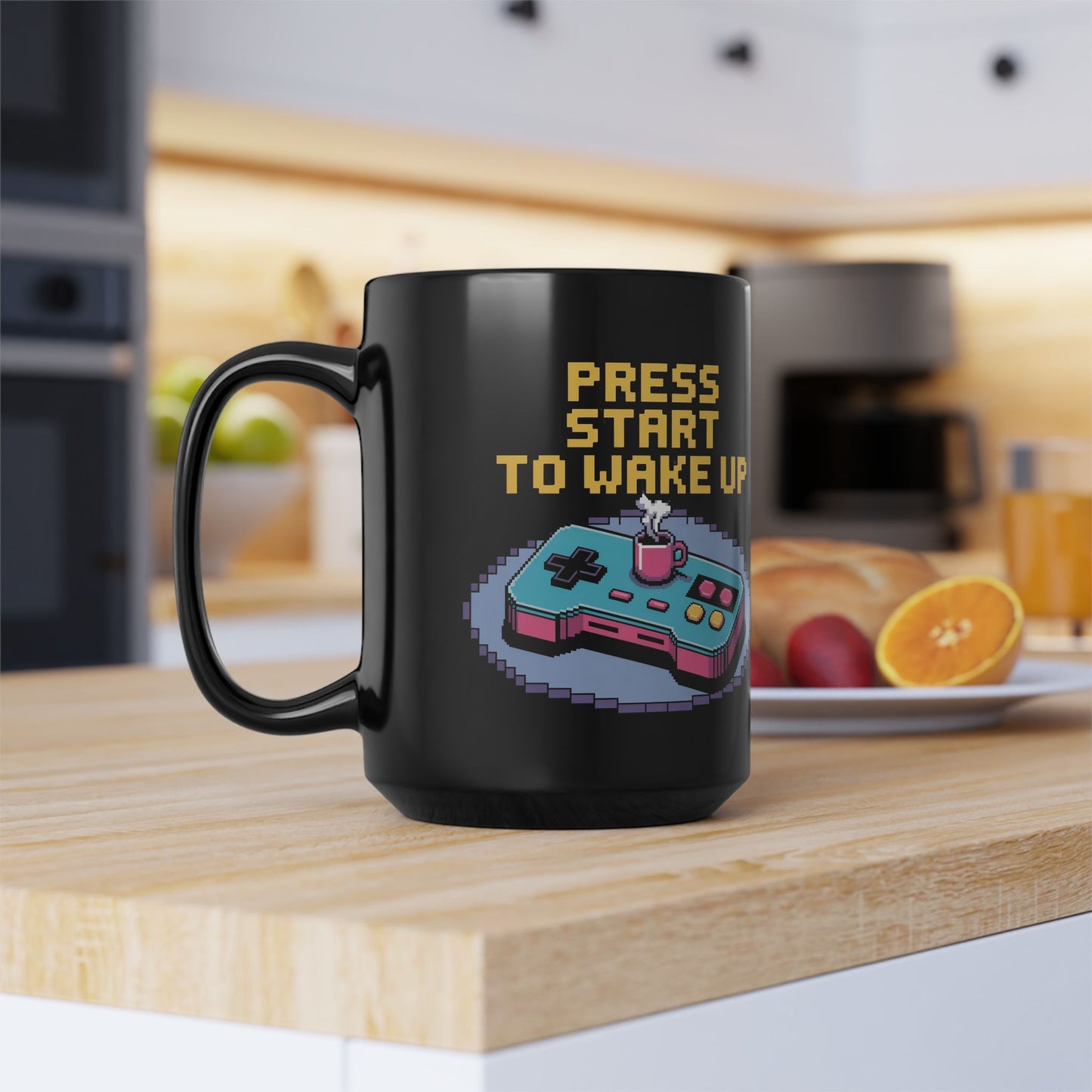 Retro Gamer Coffee Mug - Press Start to Wake Up, Gaming Gift, Video Game Mug, Gift for Gamers, 8-Bit Design