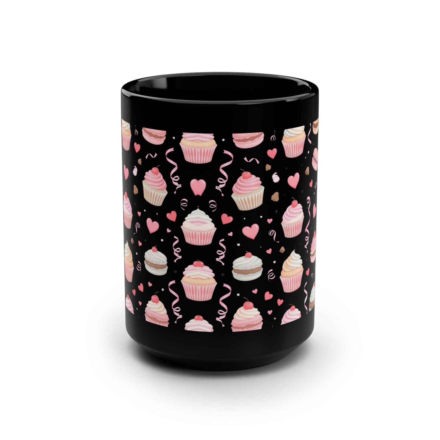 Cupcake Pattern Black Mug, 15oz — Score 79