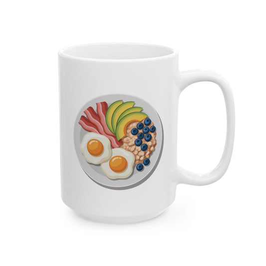 Breakfast Plate Ceramic Mug — Cute Sunny Side Eggs & Berries Coffee Cup (15oz)