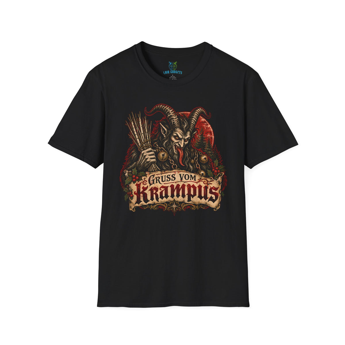 Gruss vom Krampus tee in Black: vintage Krampus with birch switches, chains and bells above a Gruss vom Krampus banner