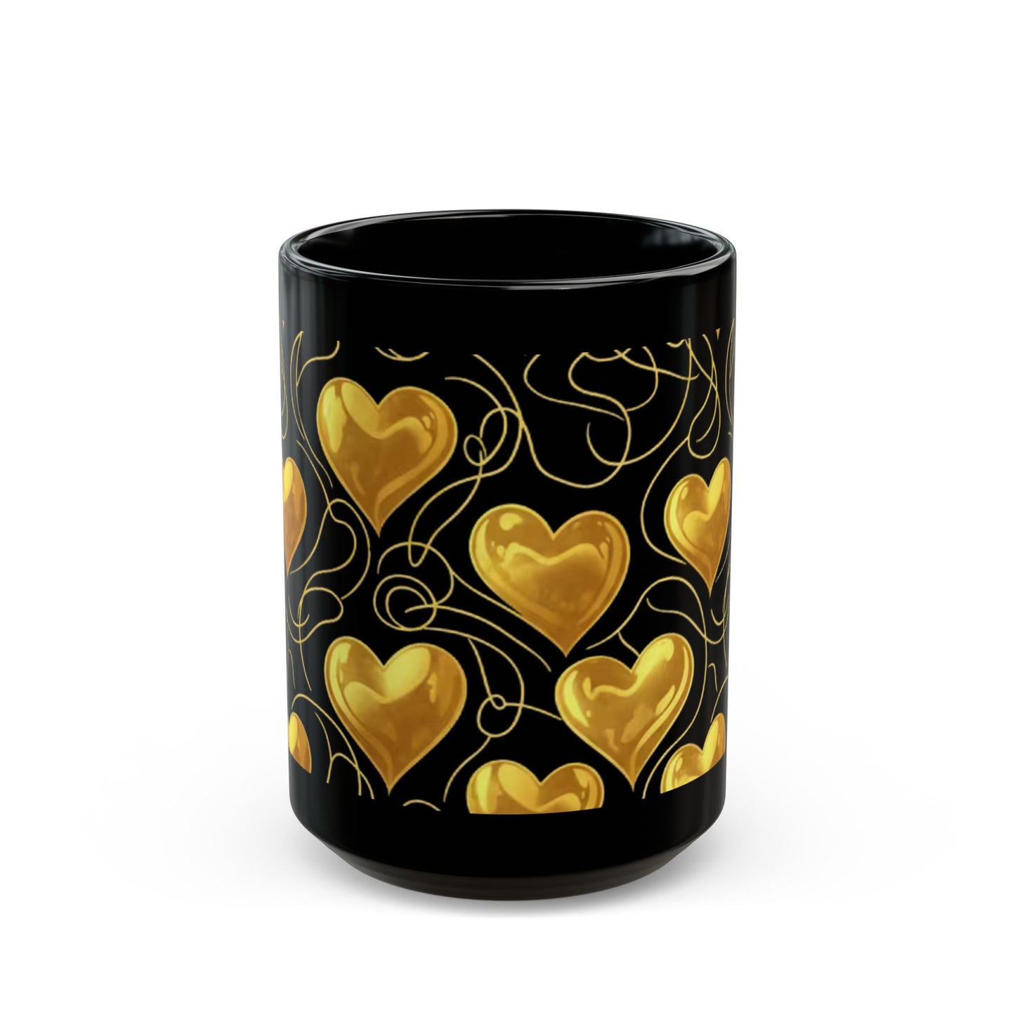 Black Coffee Mug with Gold Heart Pattern 15oz- Score 91