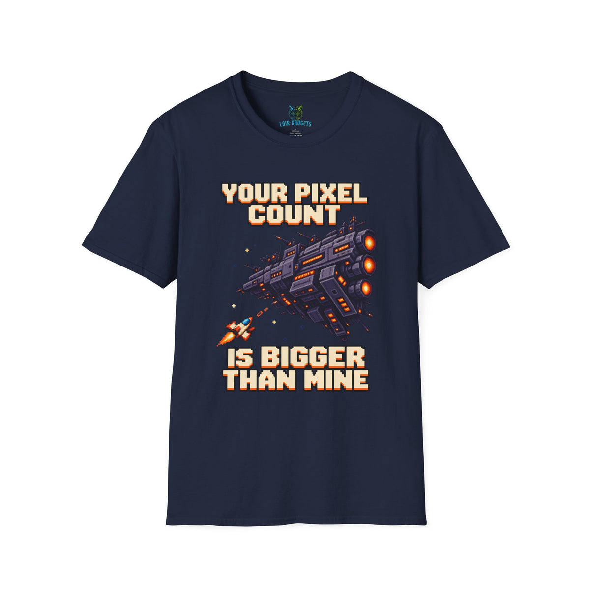Navy t-shirt with Your Pixel Count Is Bigger Than Mine pixel art spaceship graphic