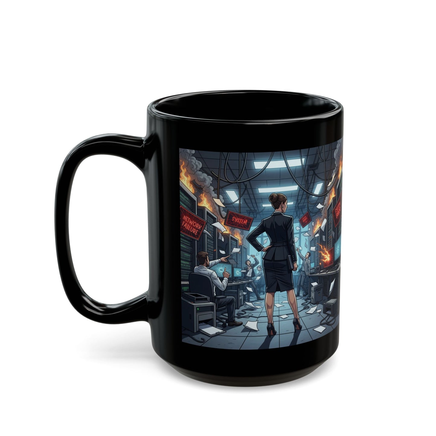 Black Mug — "Female Executive" Control Room System Down Design (11oz, 15oz)