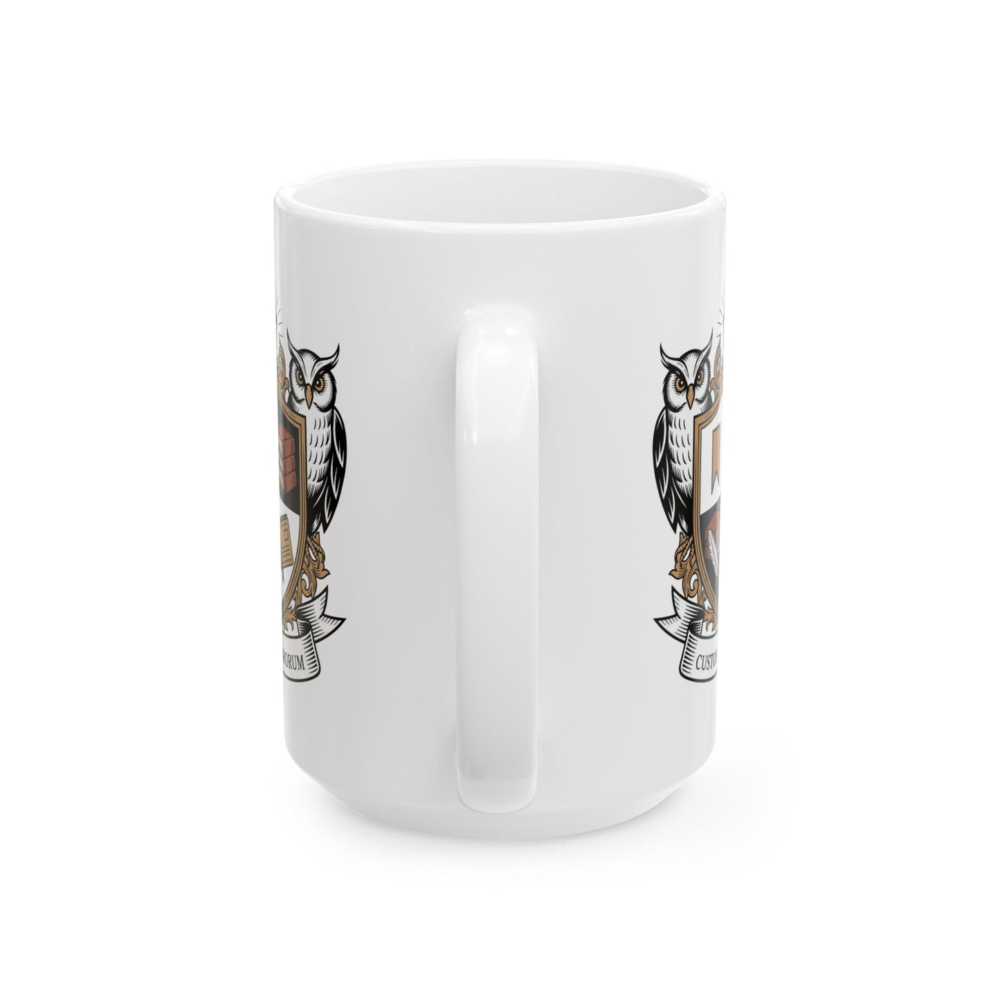 Custos Librorum Librarian Crest Mug 15oz – Ceramic Coffee Mug for Librarians and Book Lovers – Latin “Guardian of Books” Owl Shield Design by Lair Gadgets