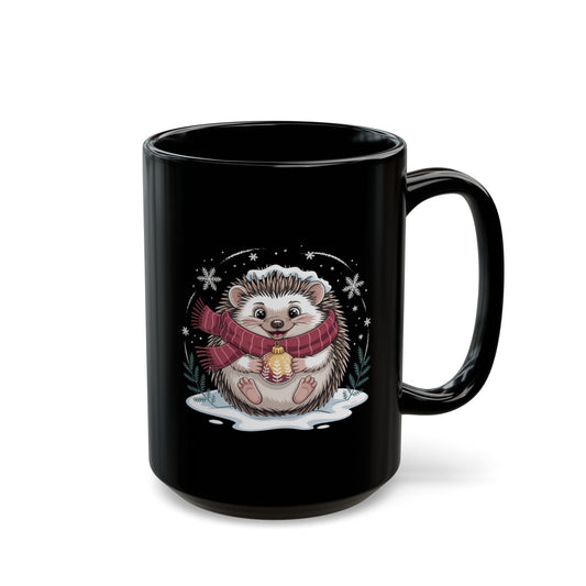 Cozy Glow Hedgehog Mug by Lair Gadgets – 15 oz Black Ceramic Coffee Cup with Festive Winter Hedgehog Design