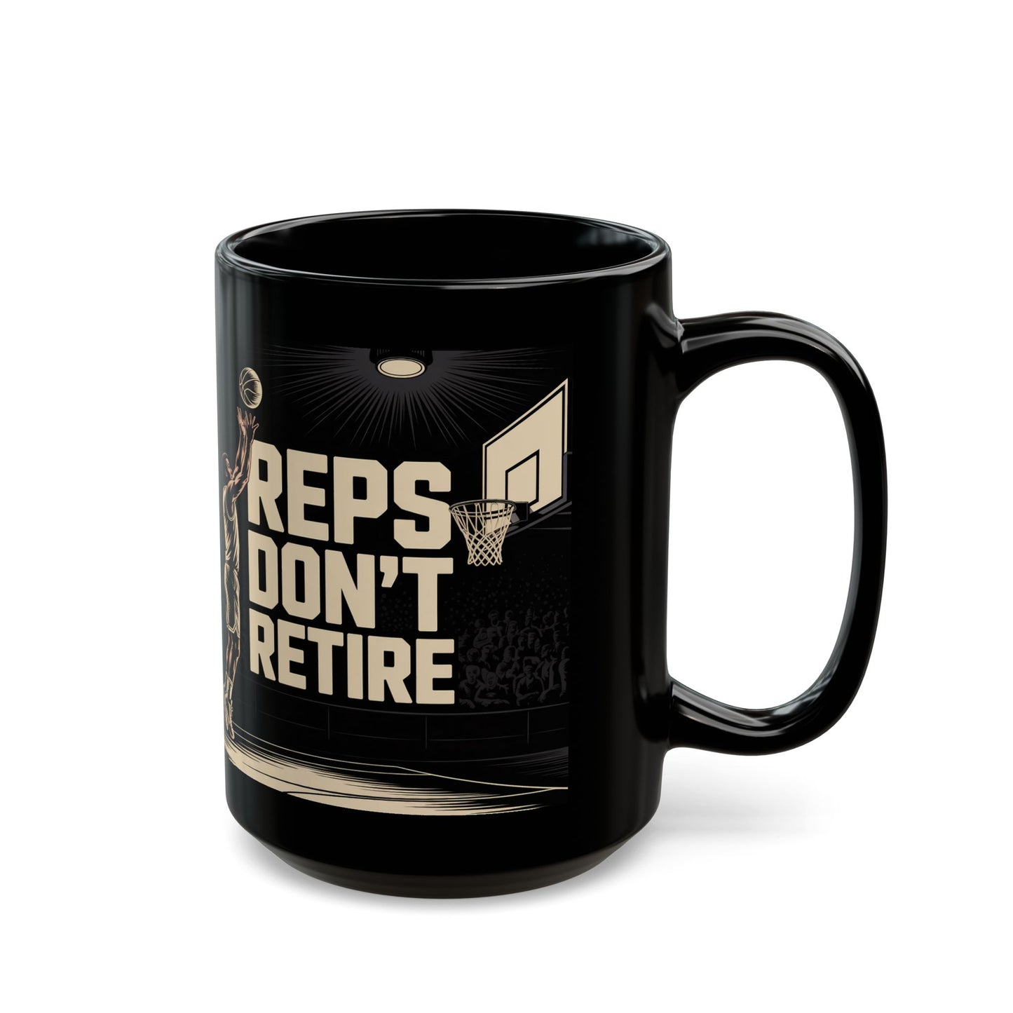 Basketball 'Reps Don't Retire' Black Mug -Male — Motivational Sports Coffee Cup (15oz)