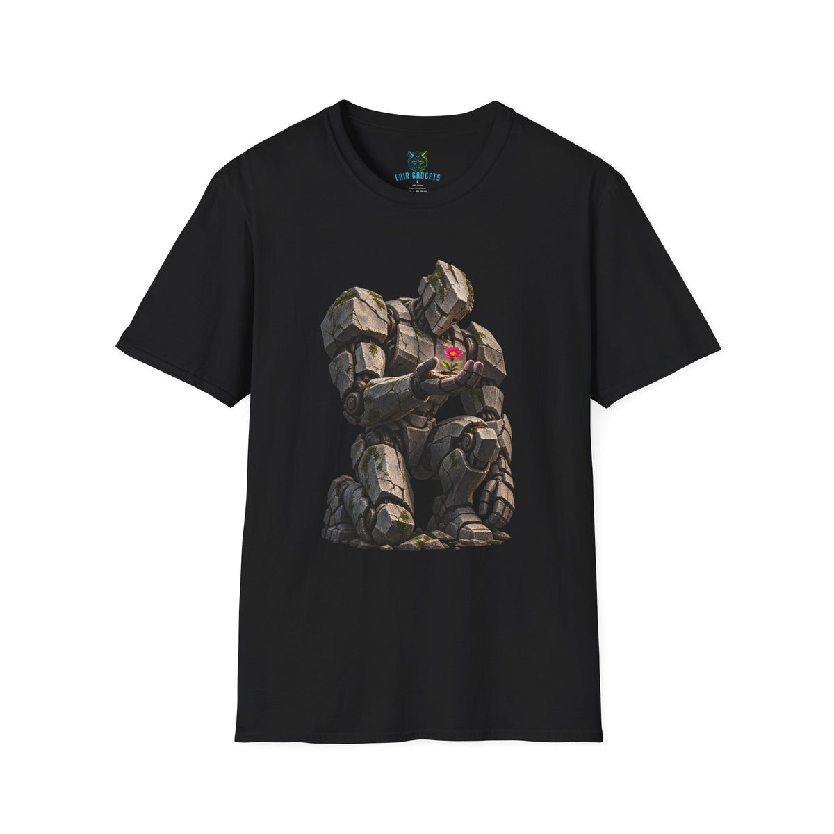 Black t-shirt with stone giant holding a flower graphic
