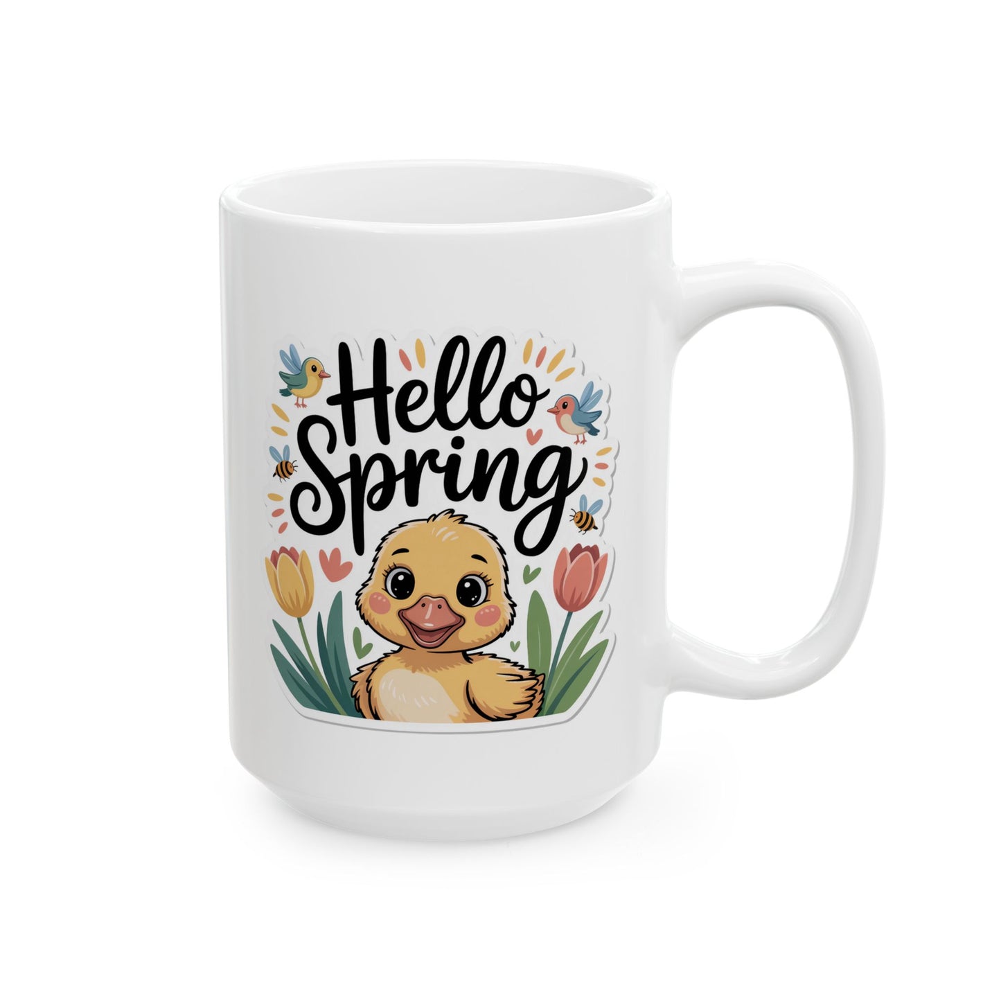 Spring Coffee Mug with Duckling and Floral Design, White Ceramic 15 oz Mug, Easter and Seasonal Drinkware- B0GKD2GRXY