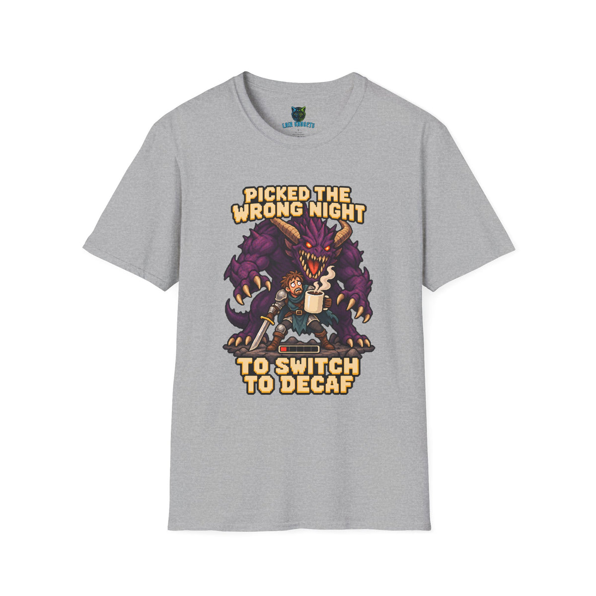 Sport grey t-shirt with Picked the Wrong Night to Switch to Decaf pixel art dragon graphic