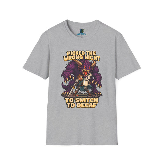 Sport grey t-shirt with Picked the Wrong Night to Switch to Decaf pixel art dragon graphic