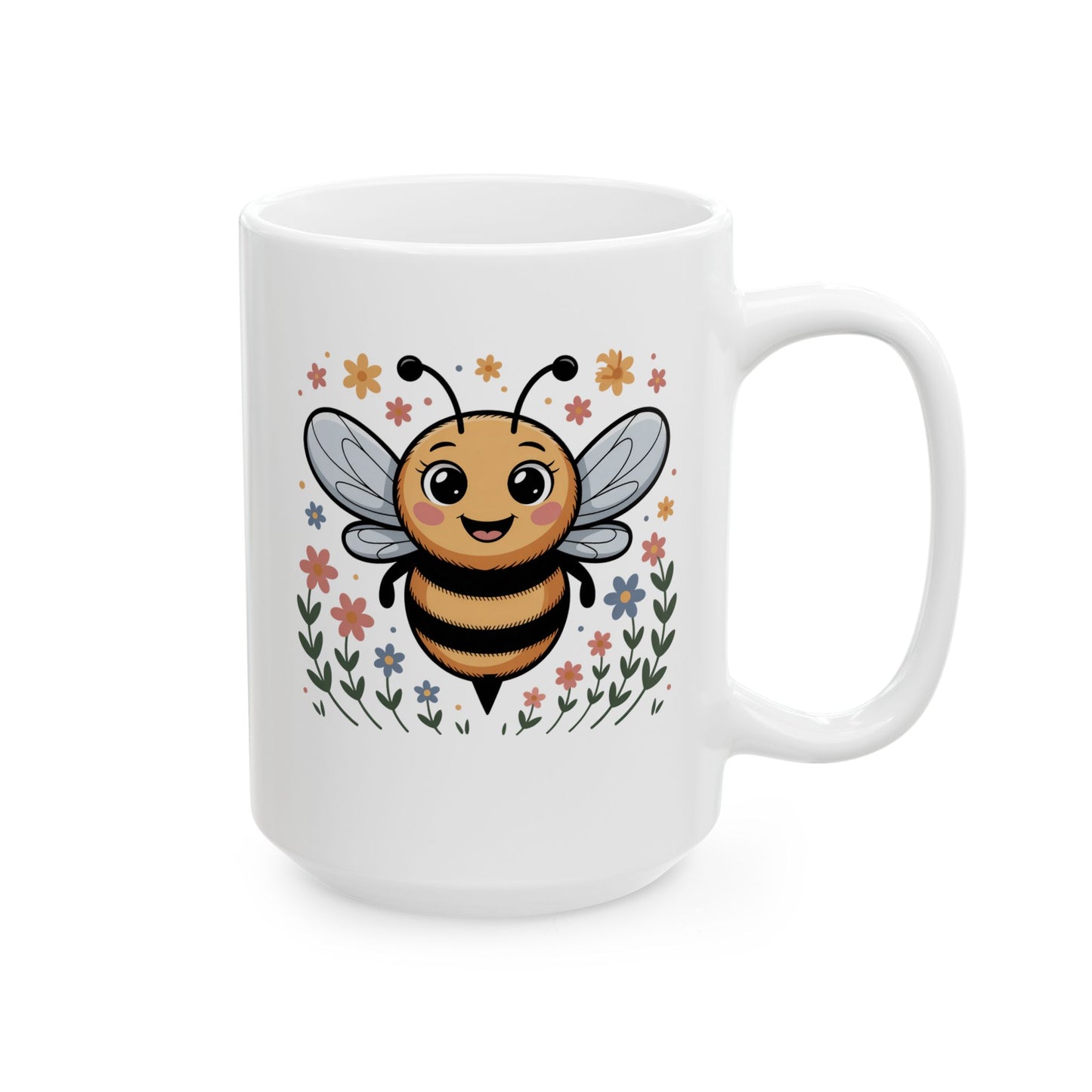 Bee Coffee Mug with Cute Bee Illustration, Smiling Bee and Floral Artwork, 15 oz White Ceramic Mug for Home or Office Use — by Lair Gadgets