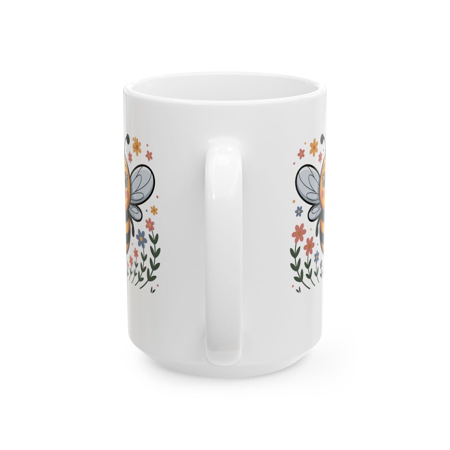 Bee Coffee Mug with Cute Bee Illustration, Smiling Bee and Floral Artwork, 15 oz White Ceramic Mug for Home or Office Use — by Lair Gadgets