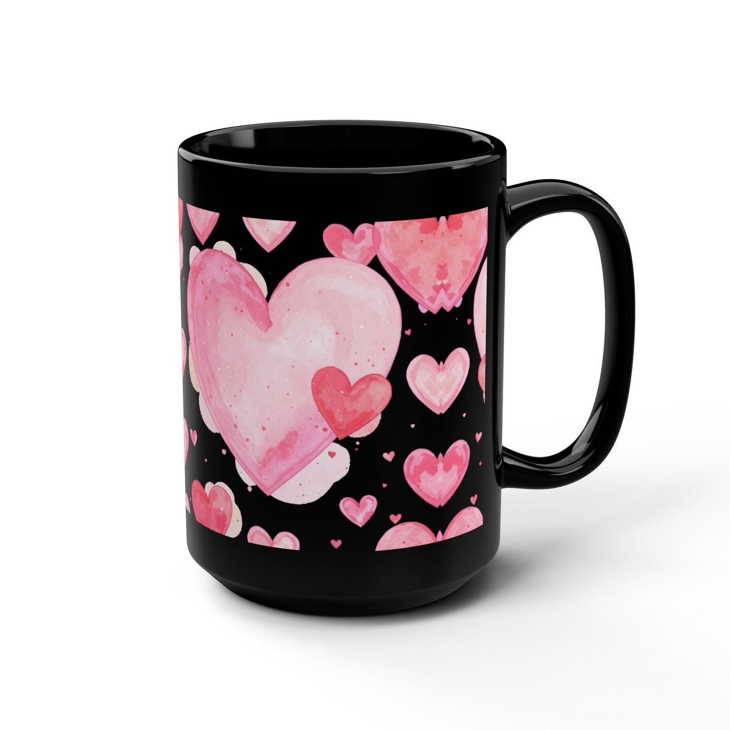 15oz Black Mug — Pink Watercolor Hearts Pattern -Score 89