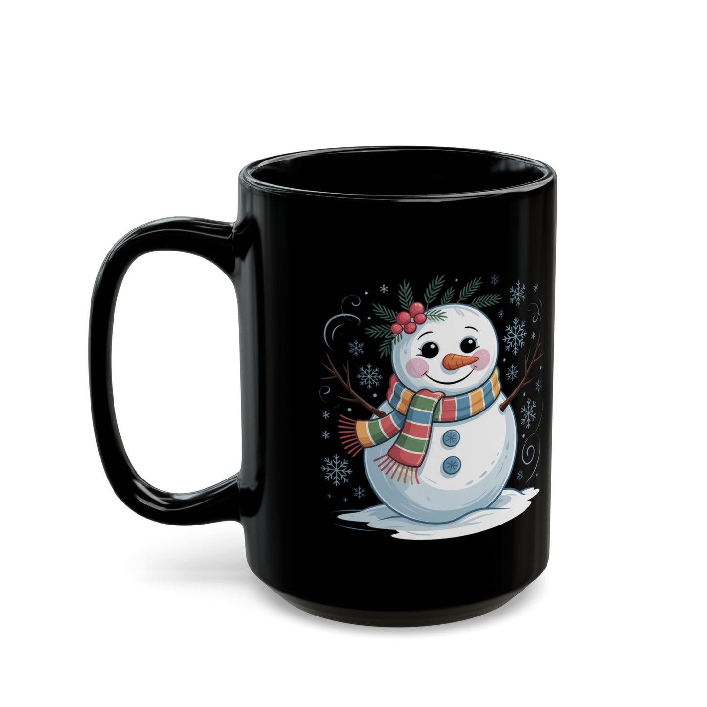 Holly Frost Snowman Mug by Lair Gadgets – 15 oz Black Ceramic Coffee Cup with Festive Holiday Snowman and Scarf Design