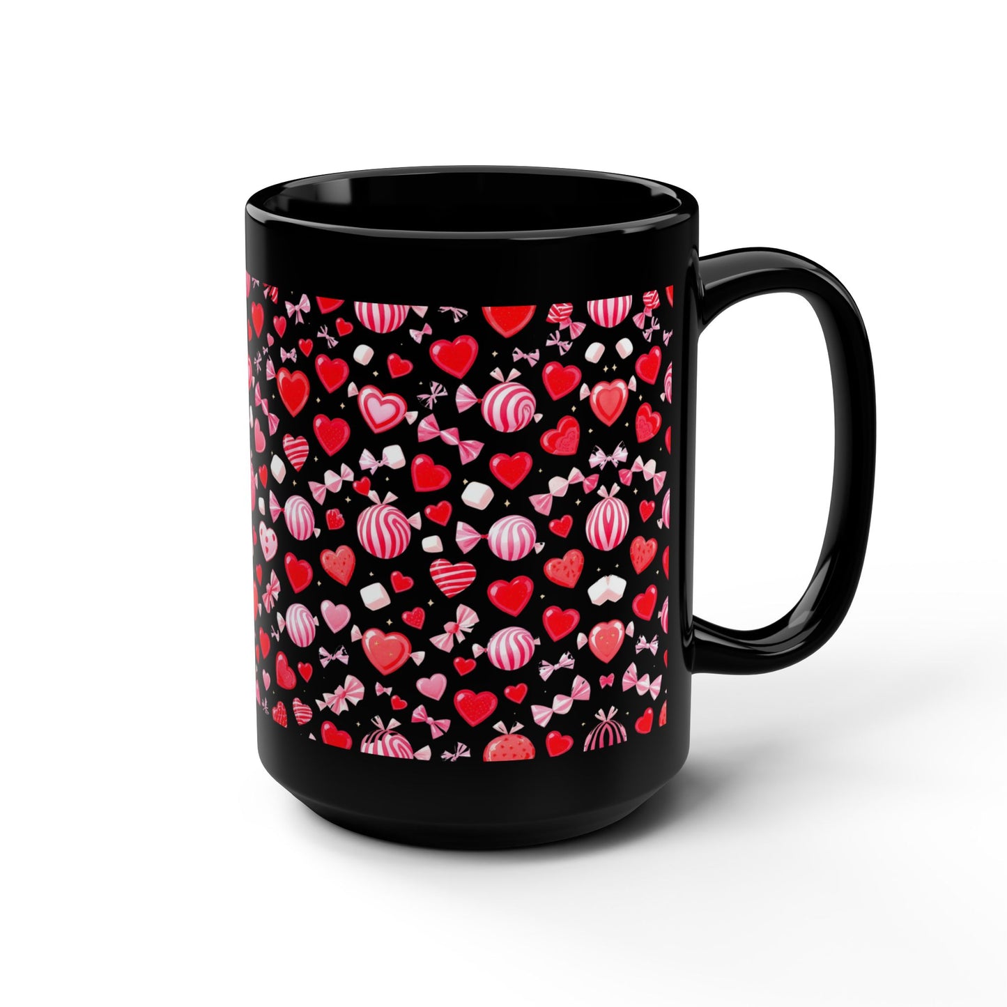 15oz Black Mug — Red & Pink Heart Pattern Valentine’s -92