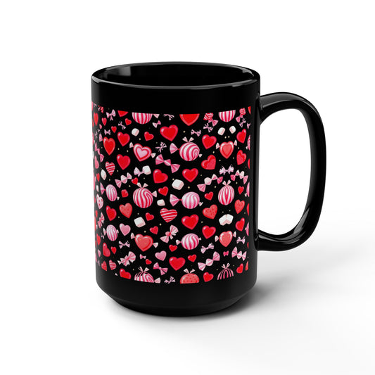 15oz Black Mug — Red & Pink Heart Pattern Valentine’s -92
